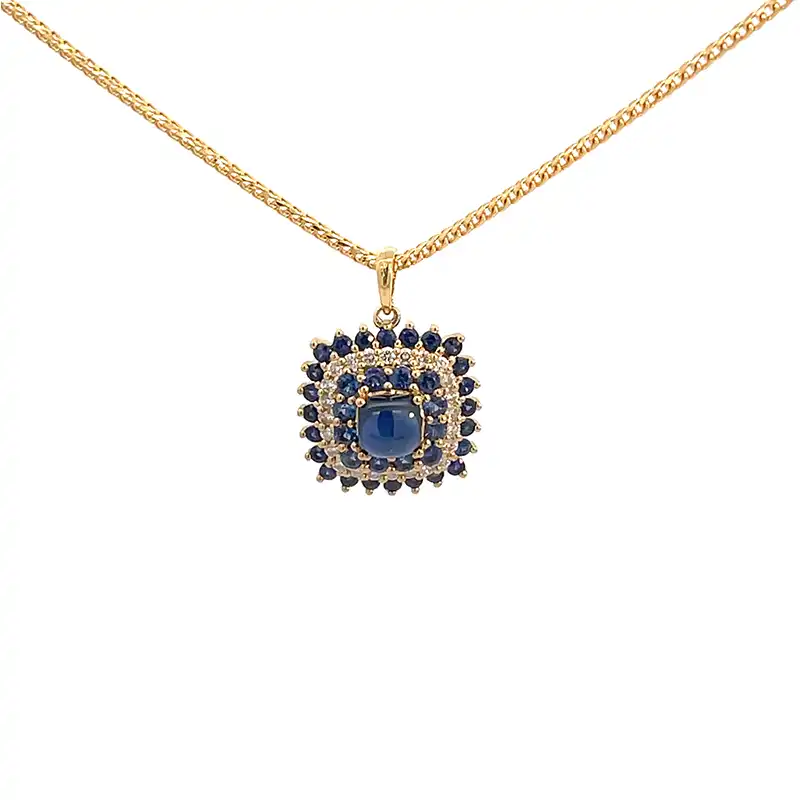 18K Gold Pendant Set in Sapphire and Diamonds - Cushion shaped